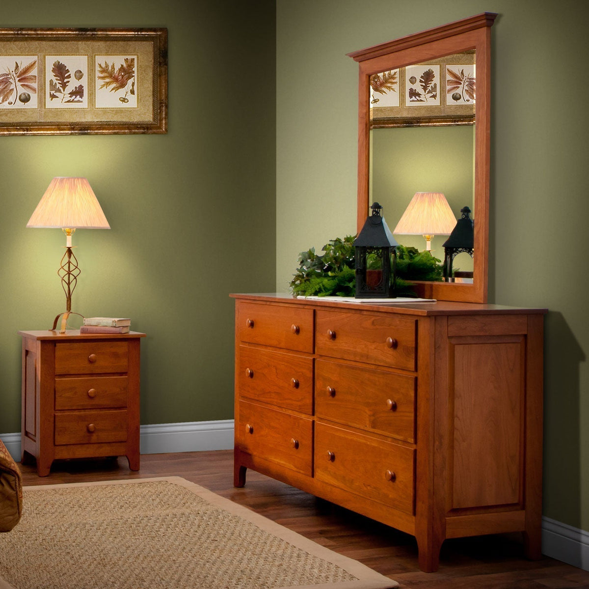Cherry Shaker Windsor mirror and dresser beside a matching three-drawer nightstand