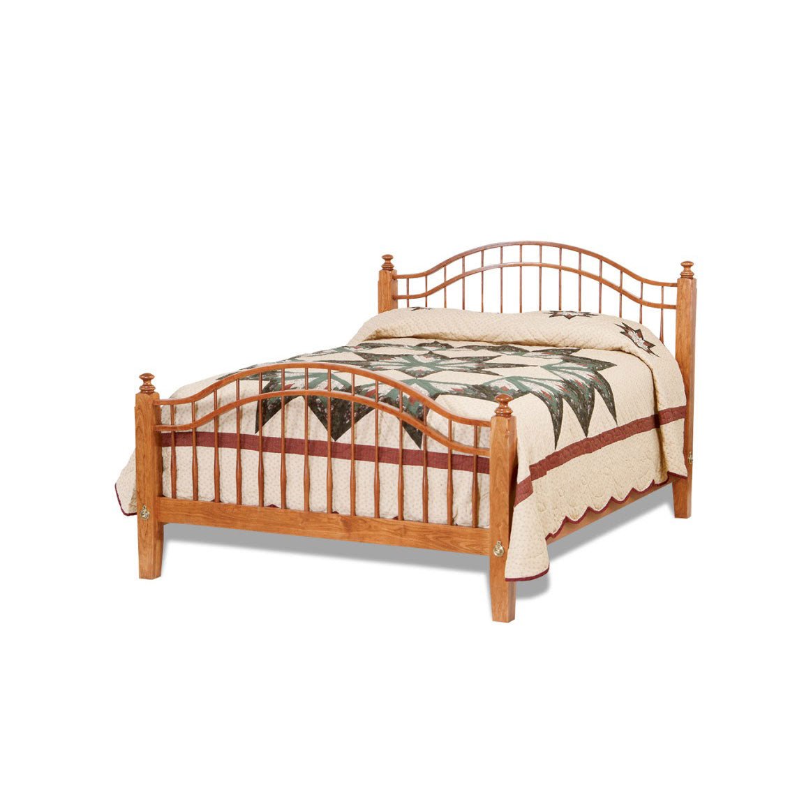 A wooden bed frame with a curved spindle headboard and footboard, styled in a warm, neutral-toned bedroom with matching wooden furniture, including a nightstand, dresser, wardrobe, and bench, on a gray rug.