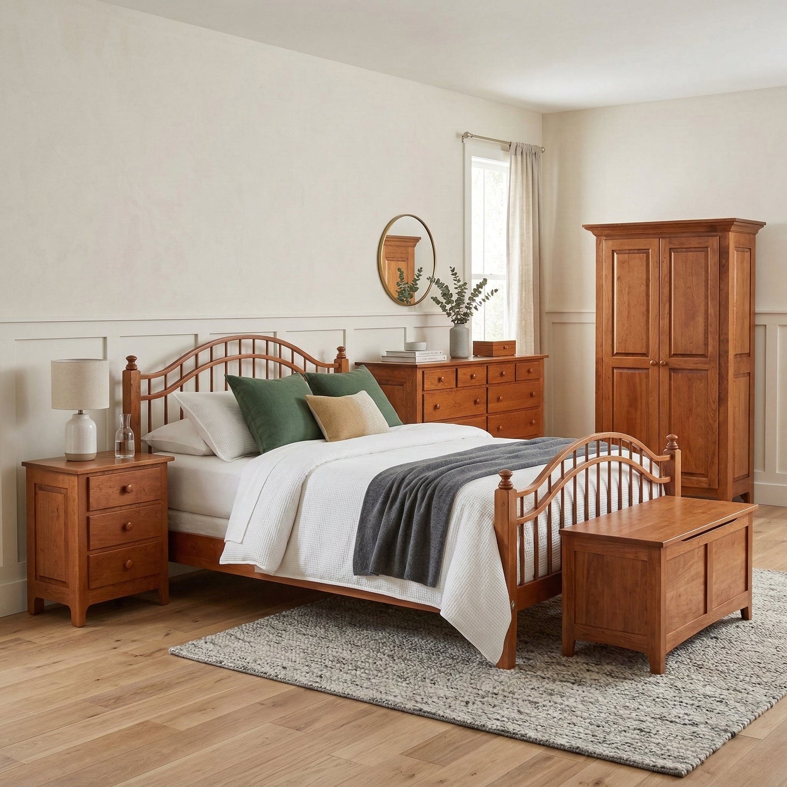 Cherry spindle bed with green pillows styled with nightstand, blanket chest, dresser and armoire