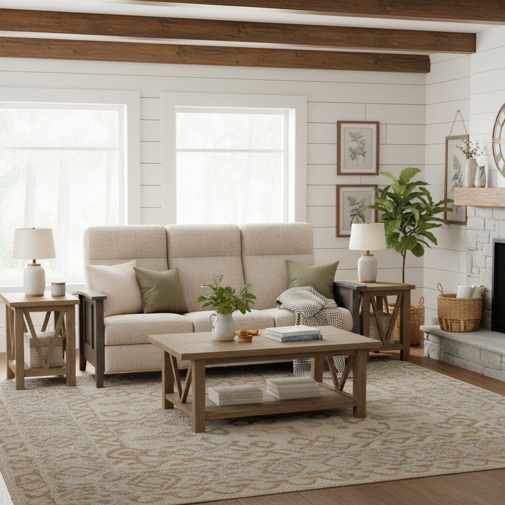 Cream reclining sofa in a farmhouse living room with shiplap walls, V base end tables and matching coffee table
