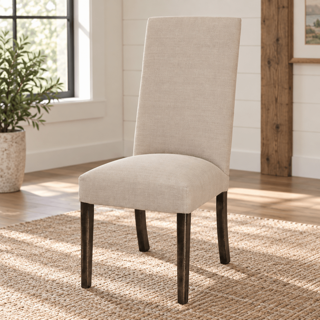 Amish Sheldon Upholstered Dining Chair - Quick Ship shown in the dining room of a modern farmhouse home