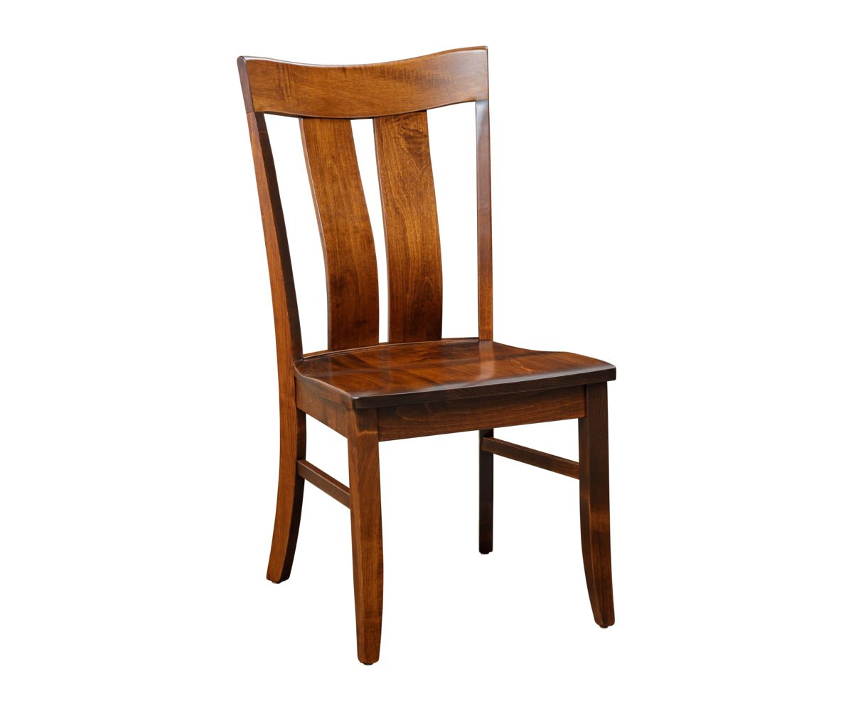 Brown maple dining chair with a curved crest rail, two wide shaped back slats and a scooped seat on a white background