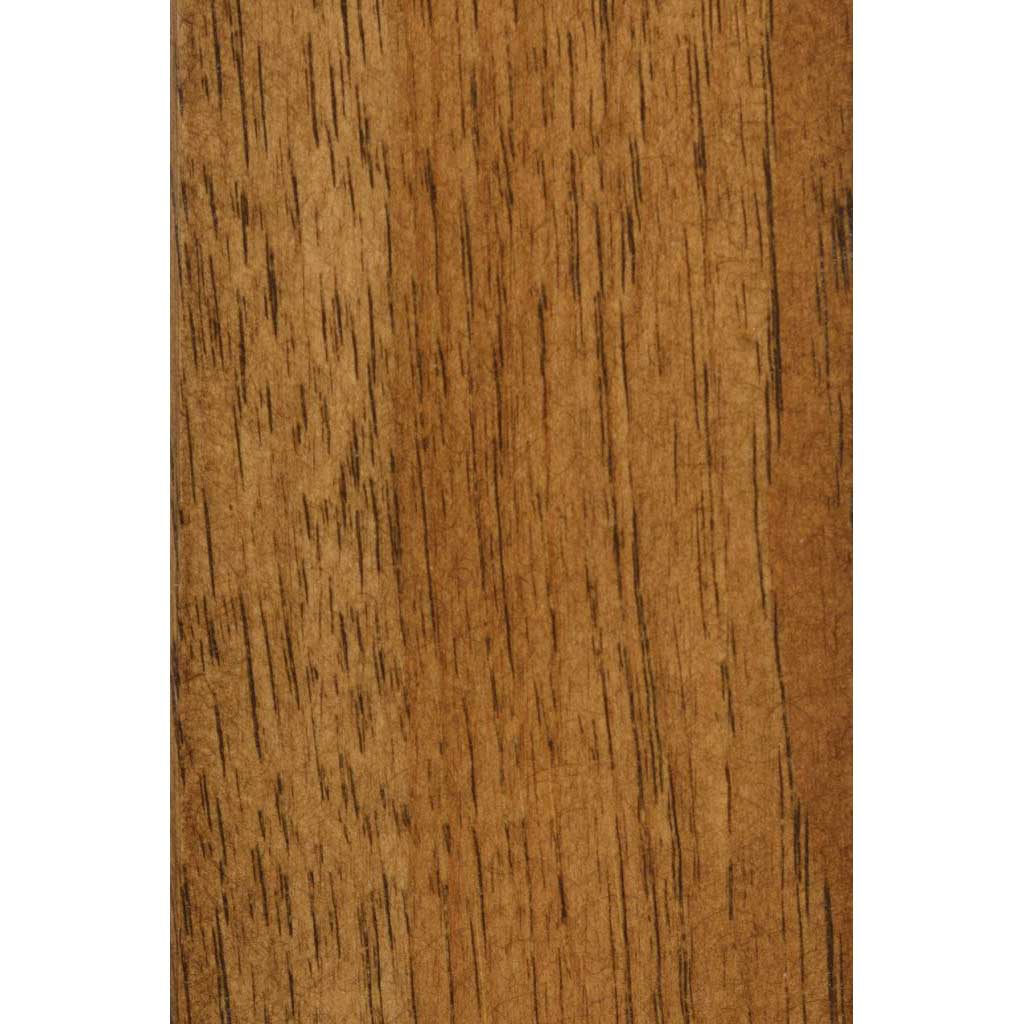 Wood finish swatch showing a warm medium brown stain with dark grain streaks across the surface