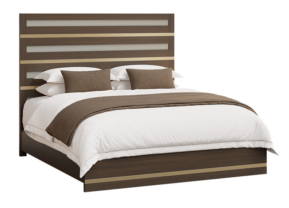 Panel bed with tall slatted headboard in dark walnut tone with gold and cream inlay stripes, white background