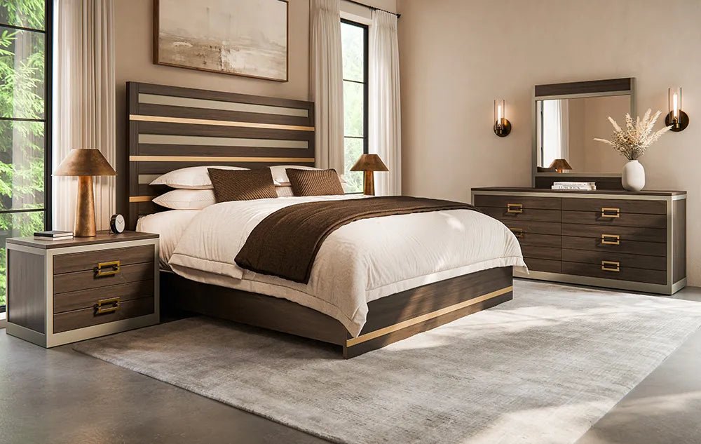 Bedroom set with striped panel bed, matching nightstand and six-drawer dresser with mirror in warm brown and gold