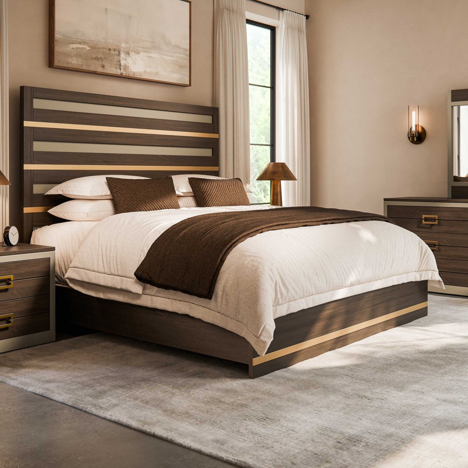Bedroom set with striped panel bed, matching nightstand and six-drawer dresser with mirror in warm brown and gold