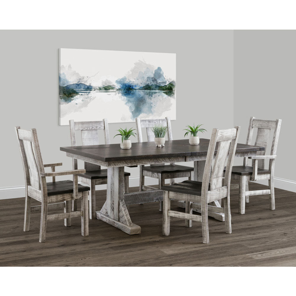 Amish Silverton Reclaimed Barnwood Dining Trestle Table &amp; 6 Chairs Set - snyders.furniture
