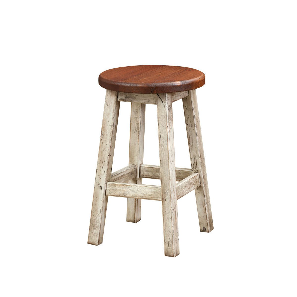 Round counter stool with a brown reclaimed wood seat and splayed distressed whitewashed legs with box stretchers