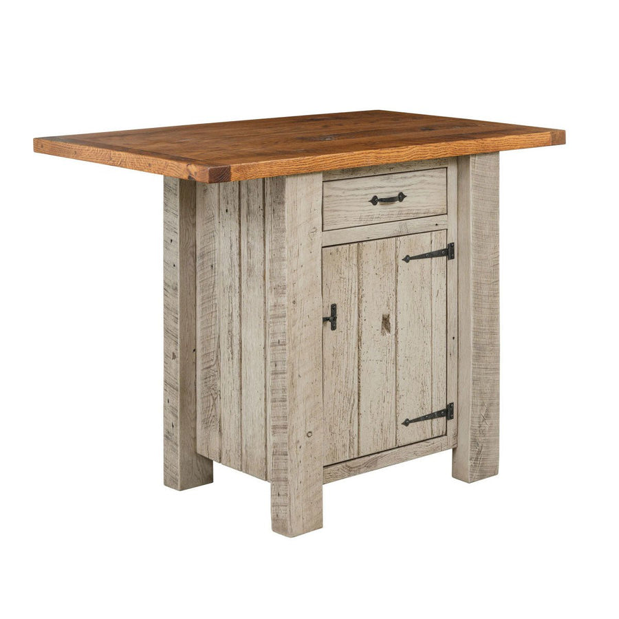 Small rustic kitchen island in weathered whitewashed barnwood with a warm oak top, single drawer and plank door with strap hinges