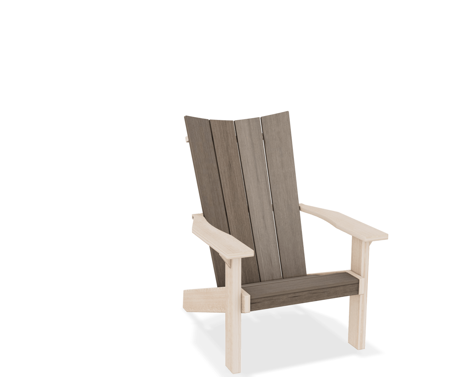 Cream and driftwood modern Adirondack chair with orange and red pillows on flagstone by a stone facade