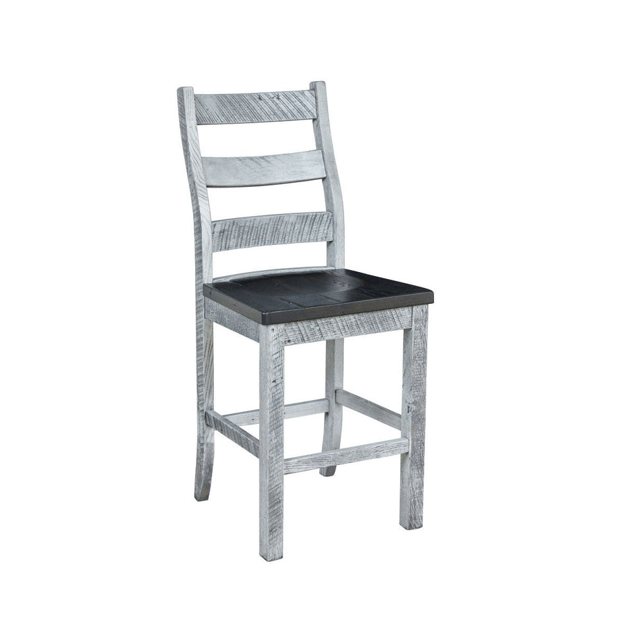Whitewashed ladder back counter stool with a dark stained seat, angled view on a white background