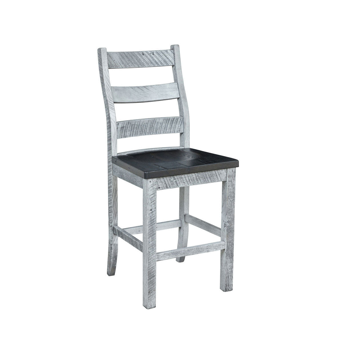 Whitewashed ladder back counter stool with a dark stained seat, angled view on a white background