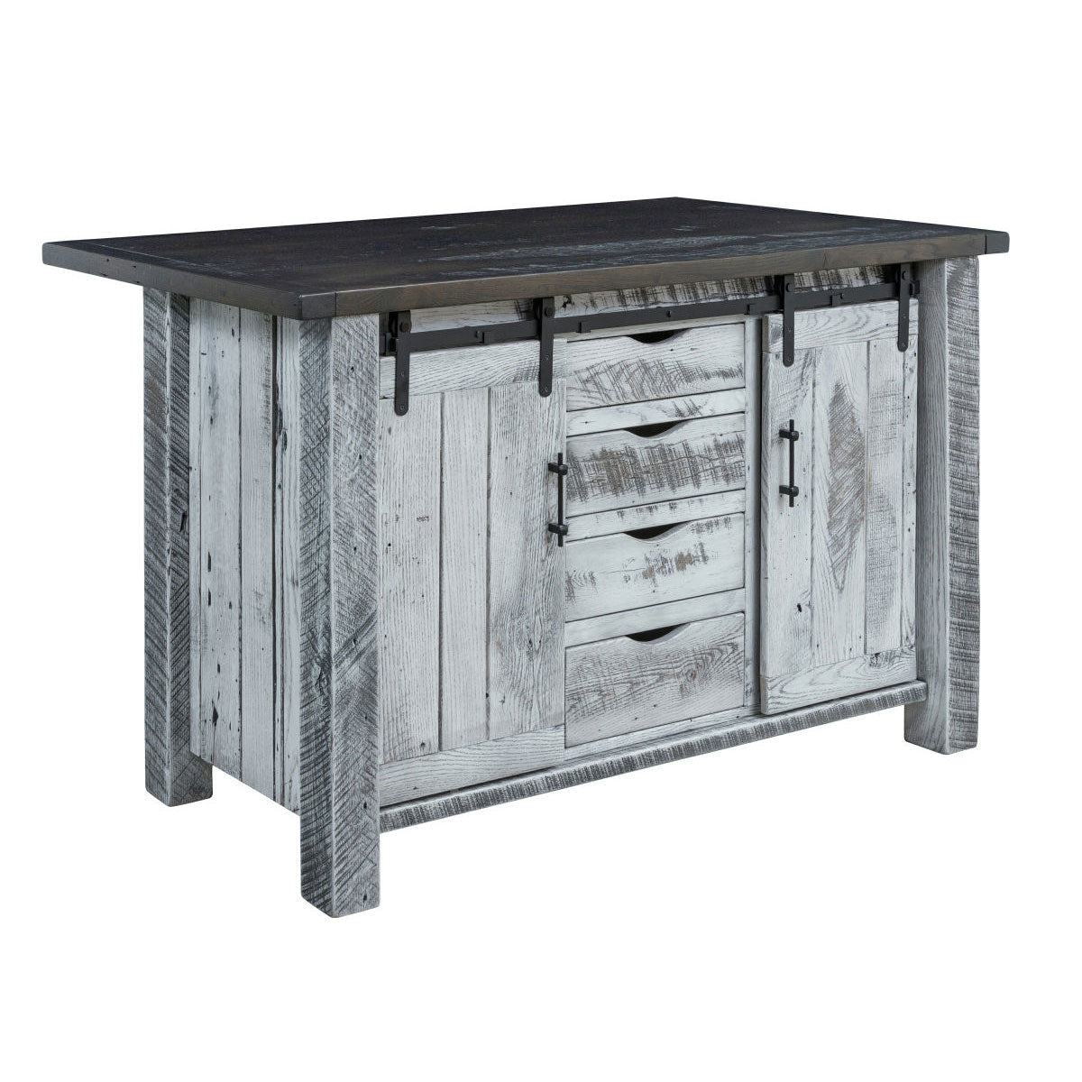 Distressed gray kitchen island with a charcoal top, two sliding barn doors and a stack of four center drawers