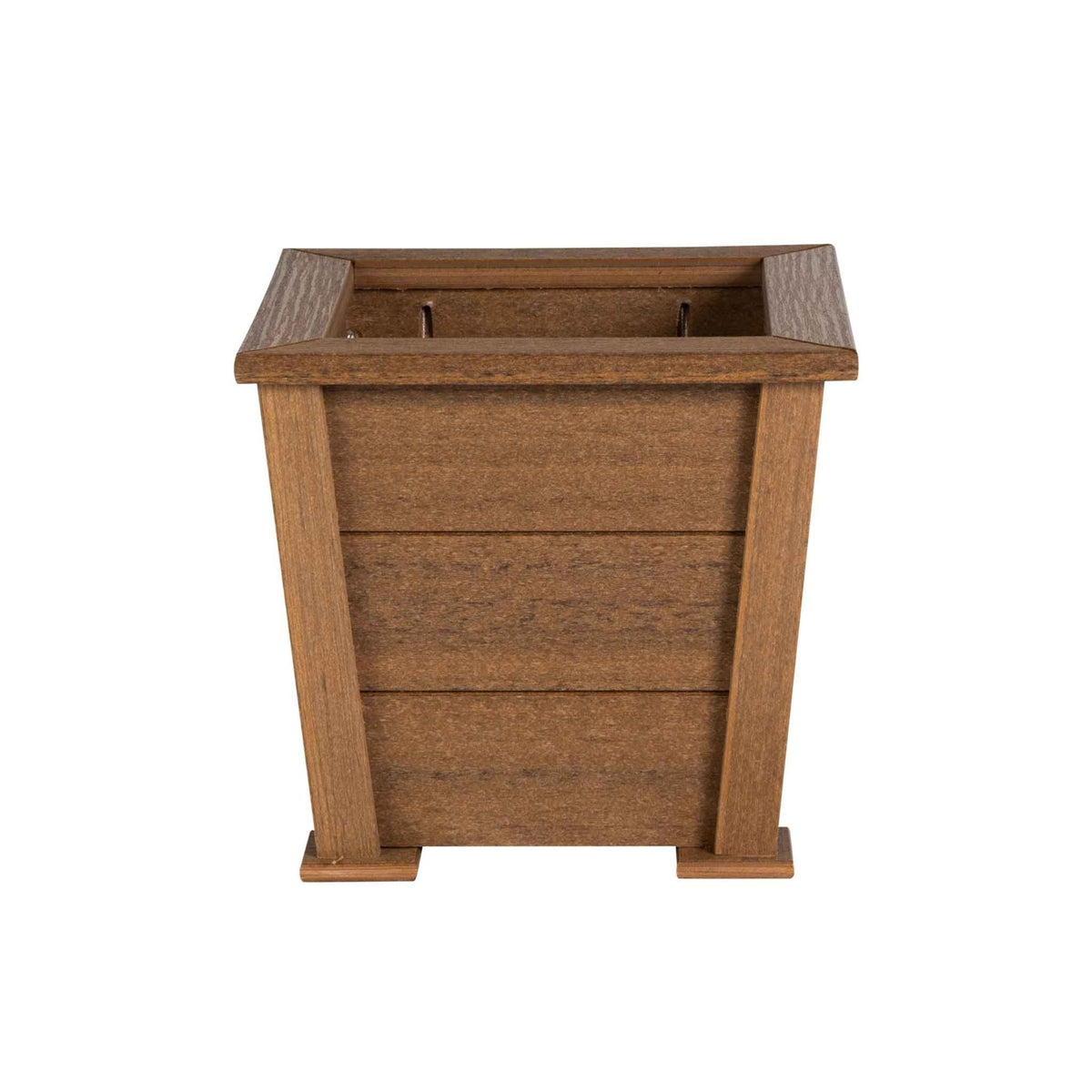Brown recycled poly square planter with a wide flared top rim and horizontal slat panels