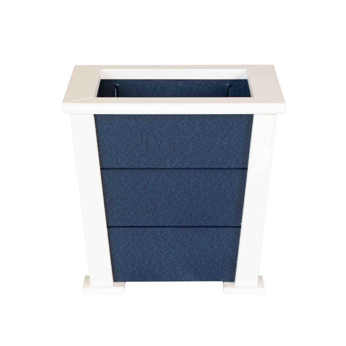 Navy and white small square poly planter with a flared rim, slat sides and footed base