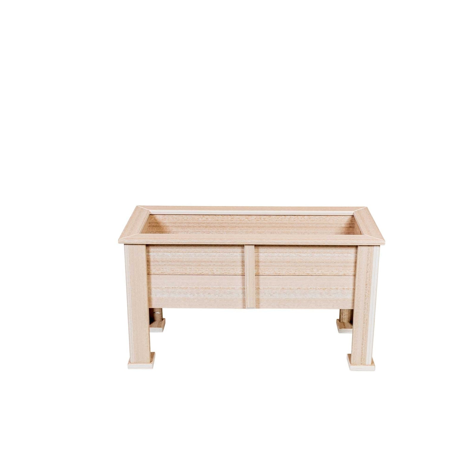 Birch colored raised poly planter box on tall legs with a rimmed top and slatted sides