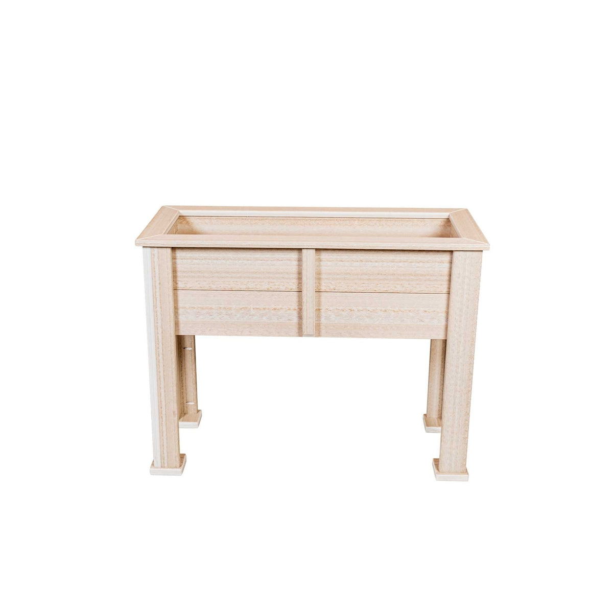 Light birch 30 inch raised poly planter box standing on four square legs with footed base