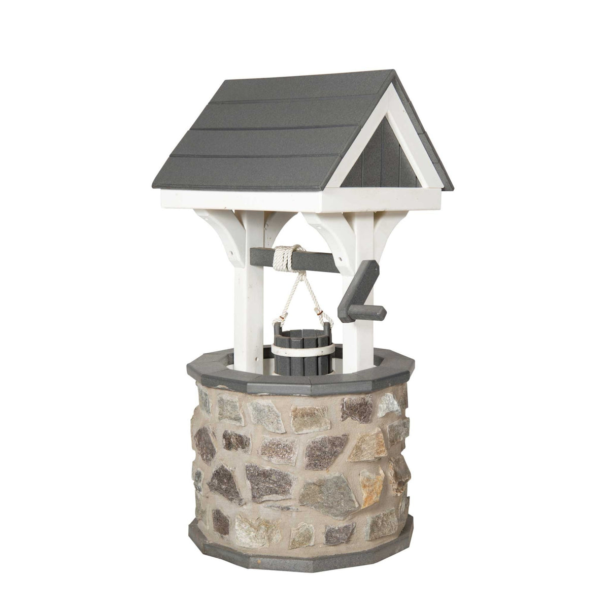A small stone wishing well with a wooden roof and a handle on top, set against a white background.