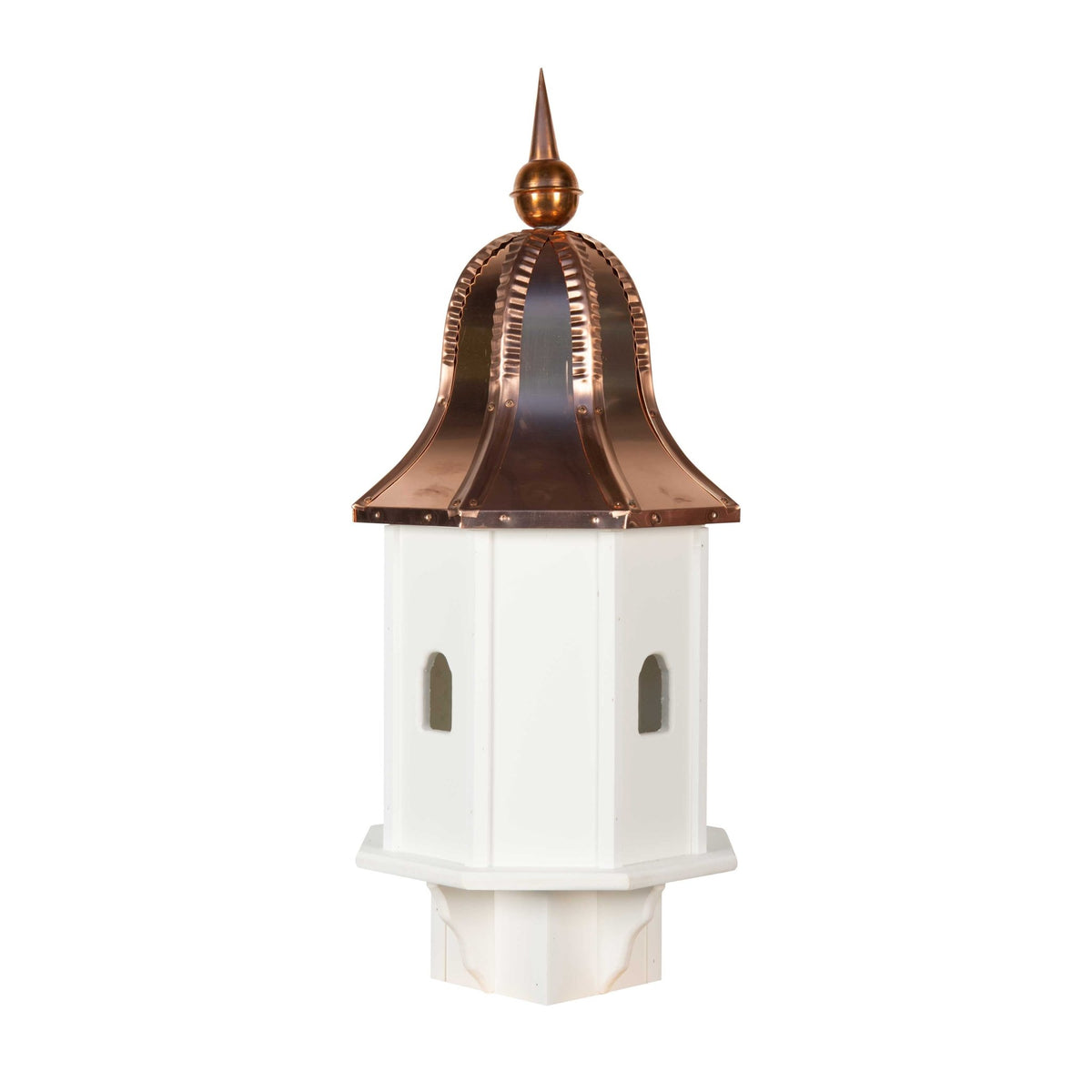 Hexagonal white poly birdhouse with a curved copper roof, spire finial and small oval entry holes