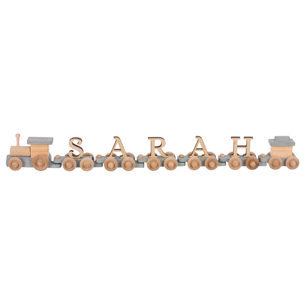 Wooden letter name train spelling NOAH, natural finish engine and caboose with letter cars on turned wheels