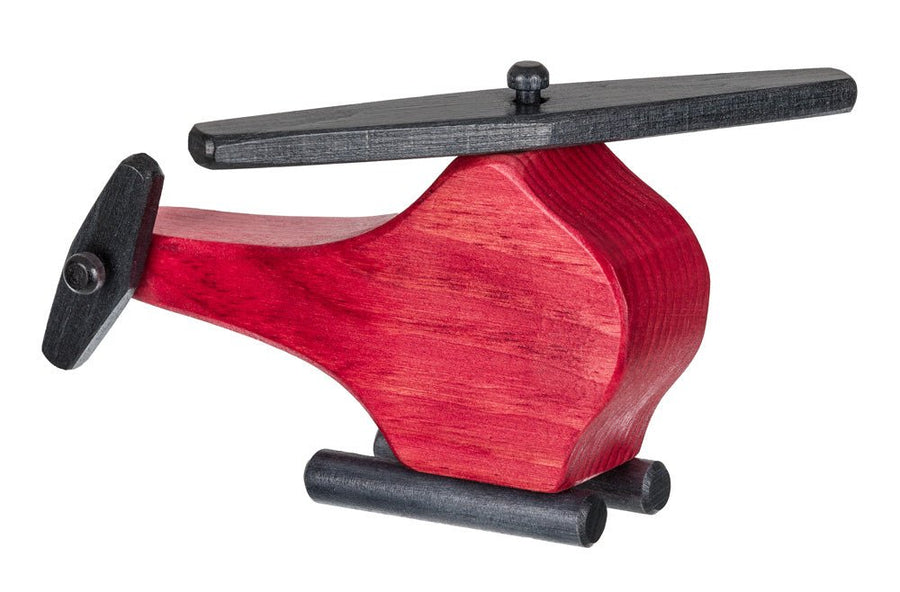 Red stained wooden toy helicopter with black rotor blade, black tail fin and black dowel landing skids