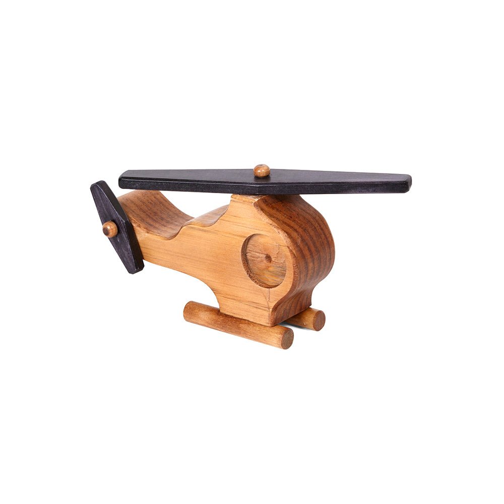 Wooden toy helicopter with a natural wood body, black rotor blade and tail fin, and round landing skids