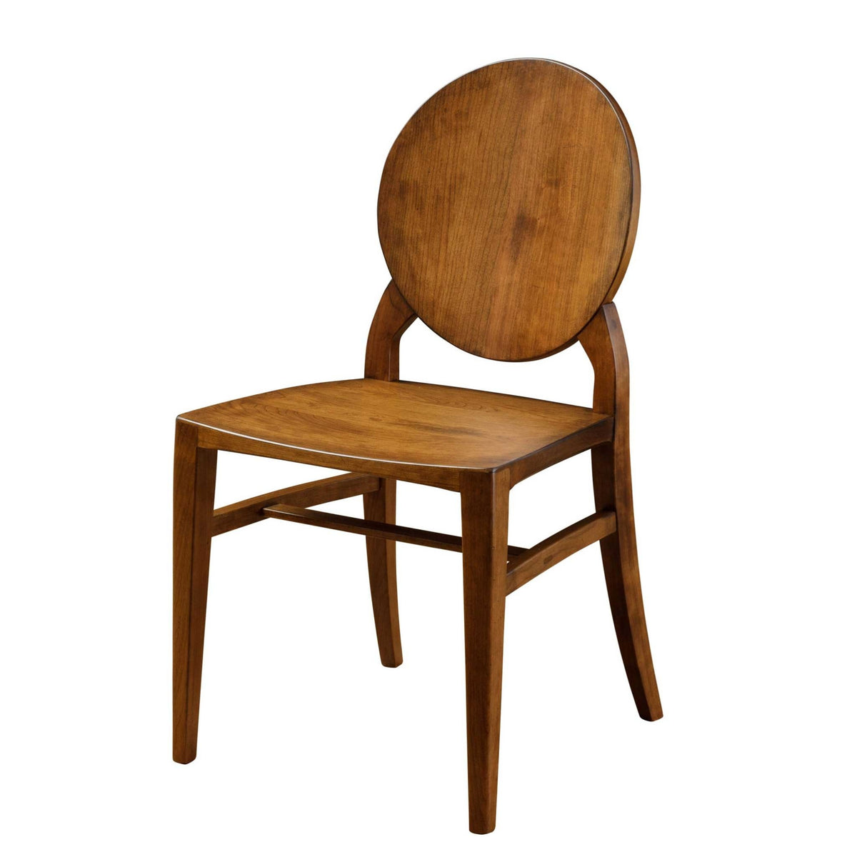 Modern dining chair with a round solid wood back panel, saddle seat and flared legs in a medium brown finish, white background