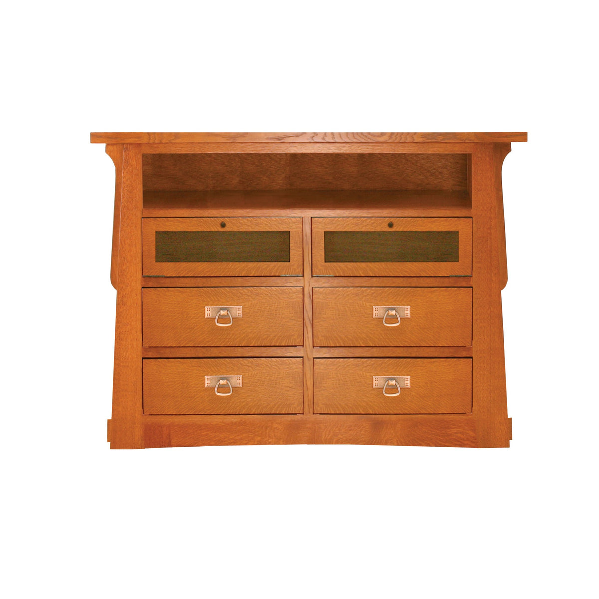 Mission oak tv stand with an open component shelf, two drop front media drawers and four storage drawers