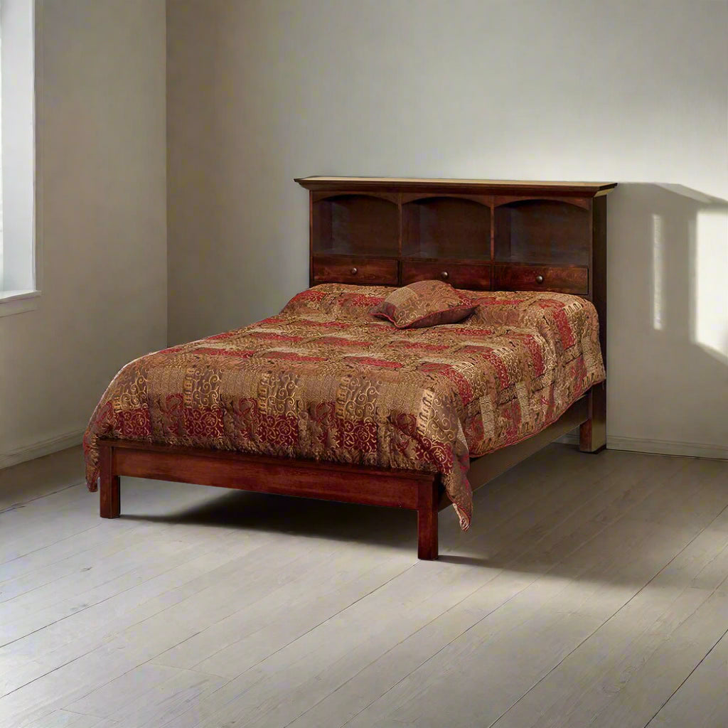 Amish Solid Wood Bookcase Drawer Headboard Bed - snyders.furniture