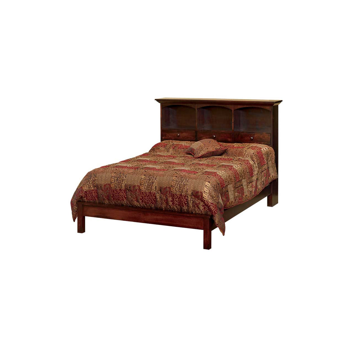 Bookcase drawer headboard bed in cherry with arched shelf openings and three headboard drawers, tapestry quilt