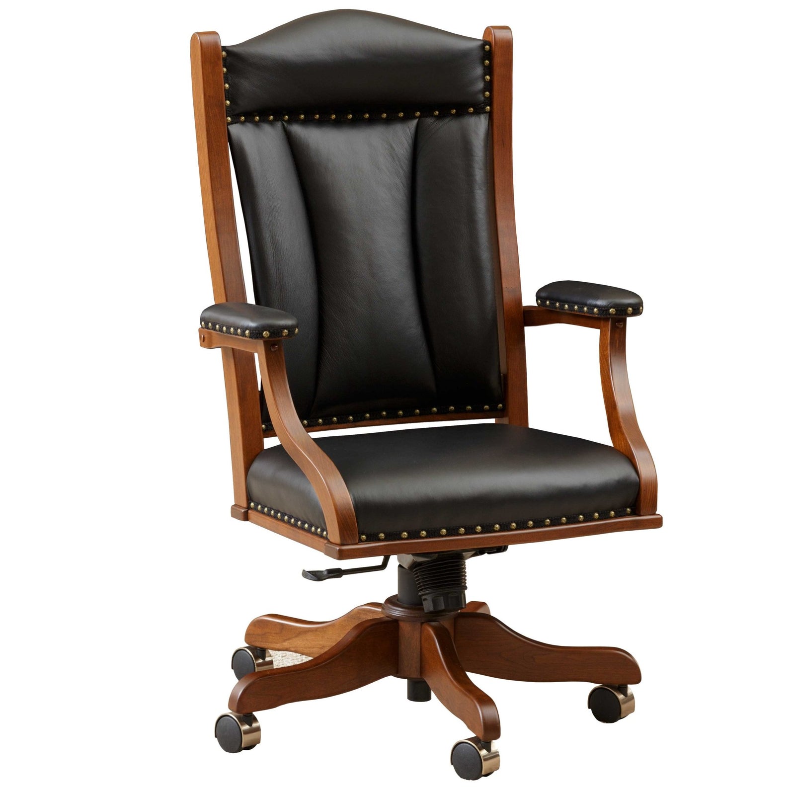 Wood framed office arm chair with black leather seat and nailhead trim, rolled up to a cherry desk