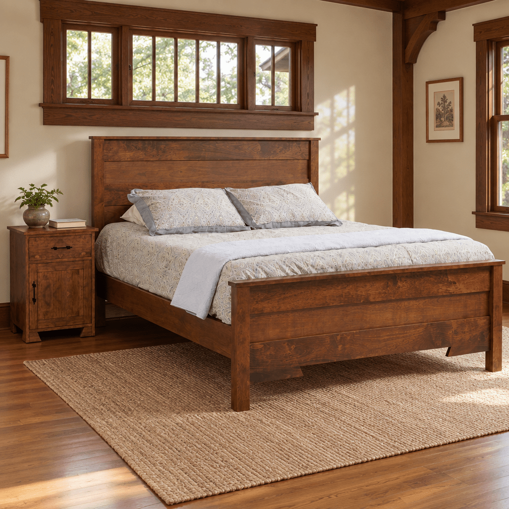 Amish Solid Wood Fredericksburg Bed shown in the bedroom of a craftsman bungalow home