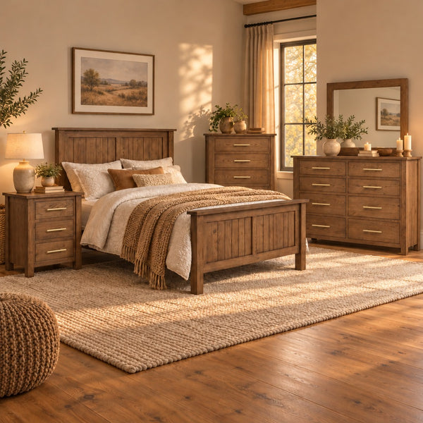 Amish solid wood Heirloom Mission 5 piece bedroom set in Rustic Oak with 112 Provincial stain: panel bed, nightstand, chest, high dresser and mirror