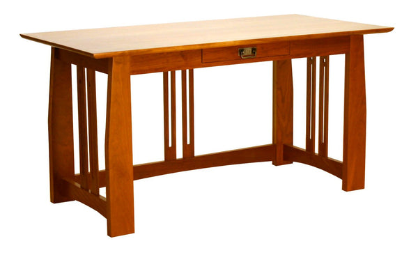 Cherry mission writing desk with one brass-pull drawer, cut-out slat side panels and curved trestle base