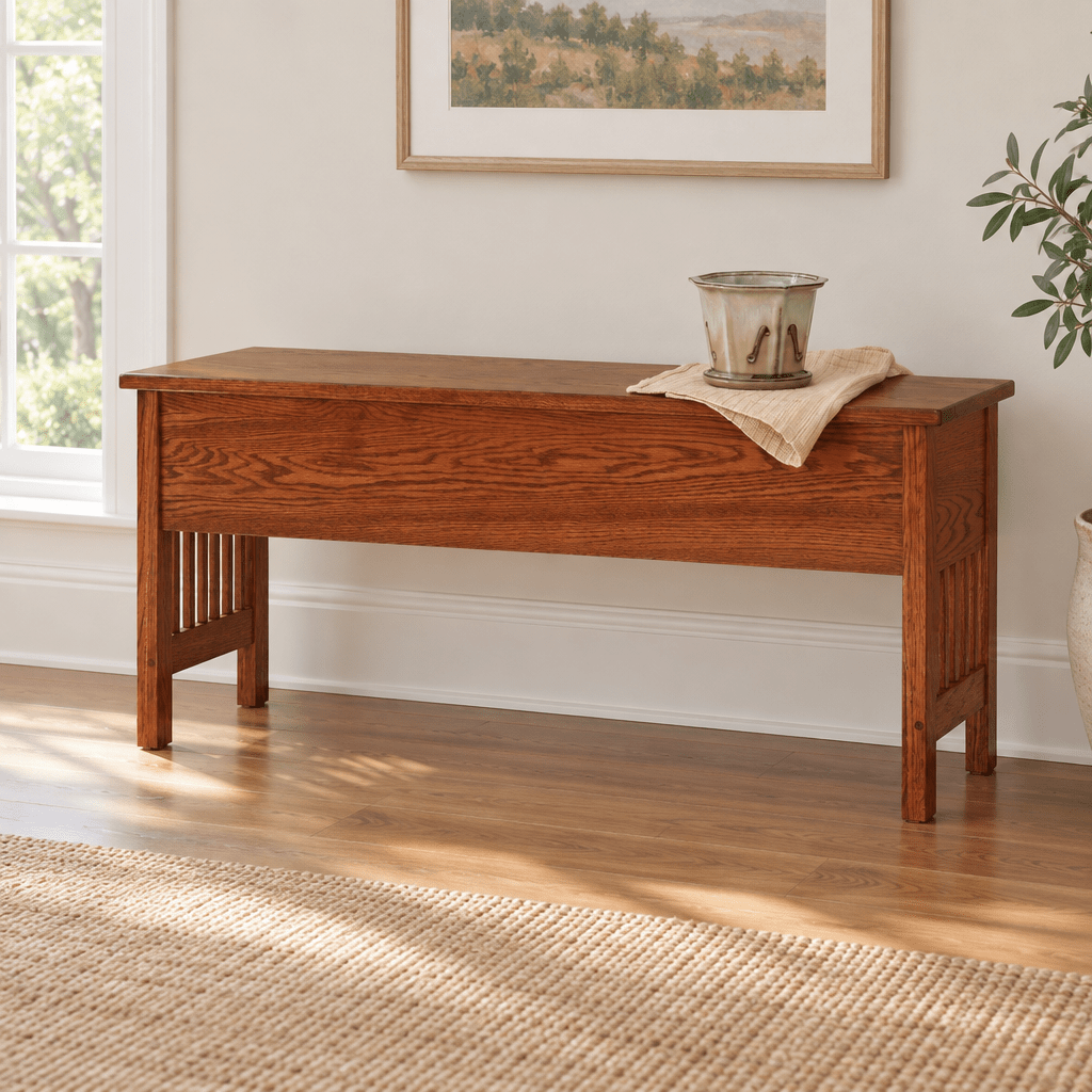 Amish Solid Wood Mission Storage Bench shown in the living room of a transitional home