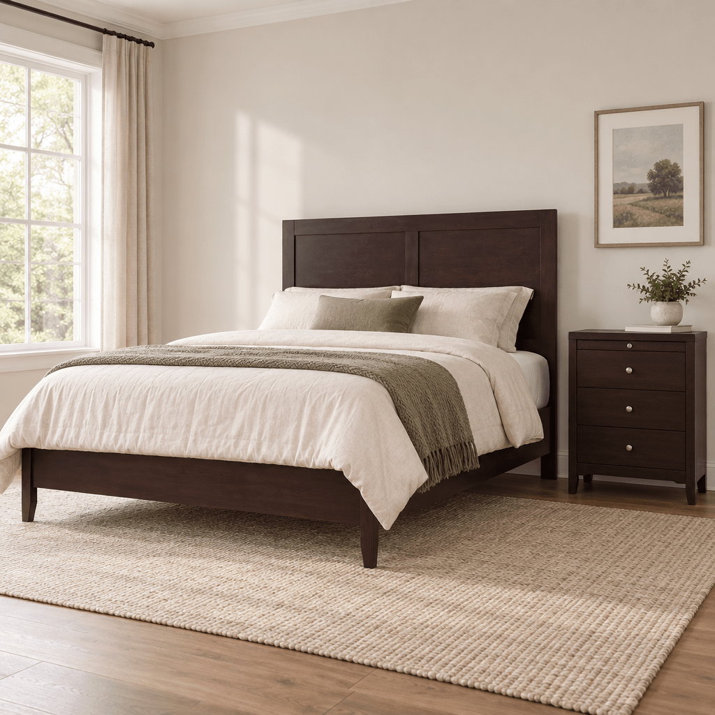 Amish Solid Wood Northampton Panel Bed shown in the bedroom of a transitional home