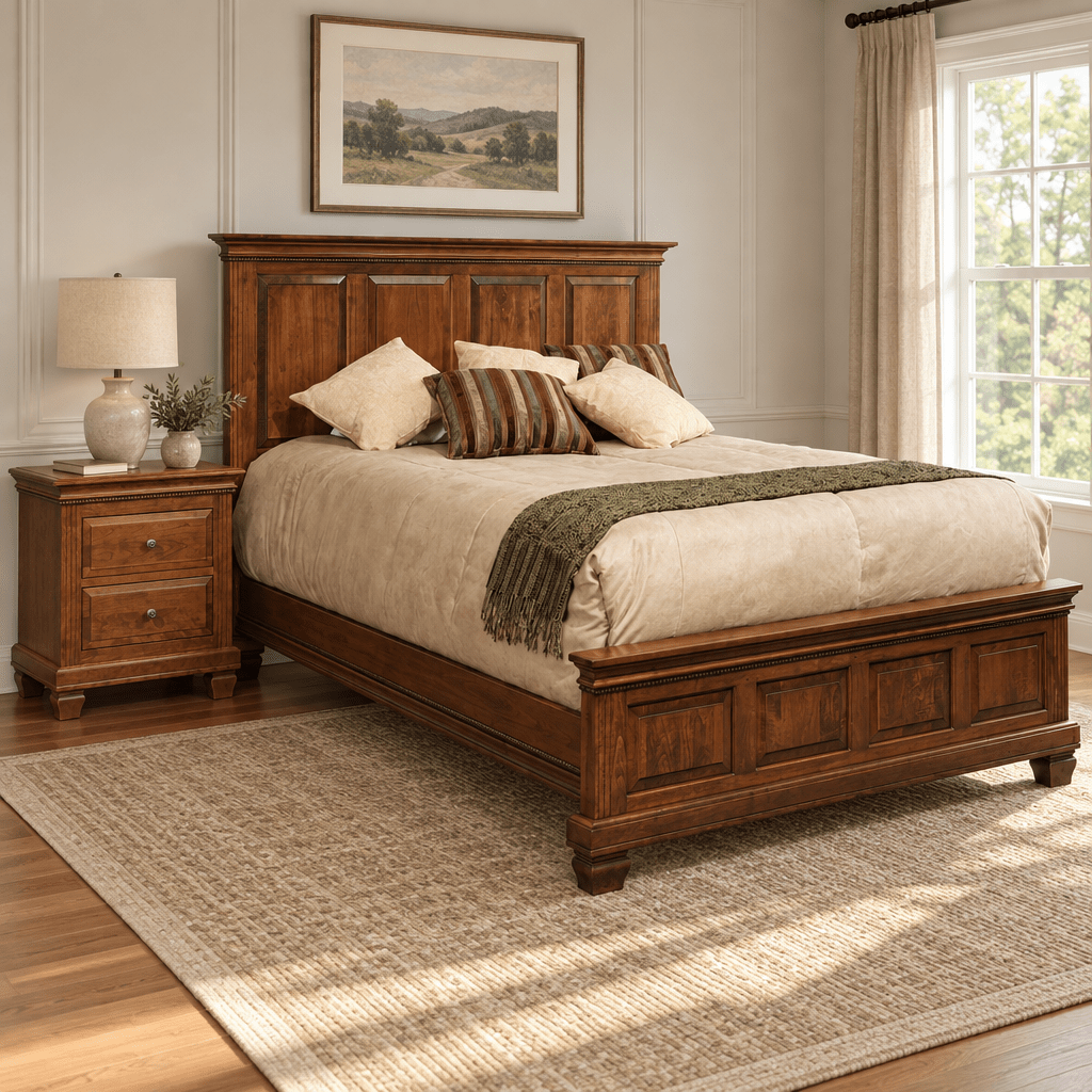 Amish Solid Wood Palatine Panel Bed shown in the bedroom of a transitional home