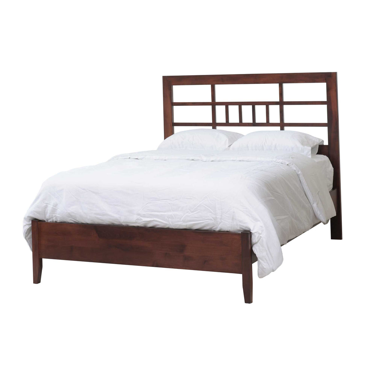 Poughkeepsie lattice bed with an open grid headboard, plain footboard and tapered legs in a rich cherry finish, white background