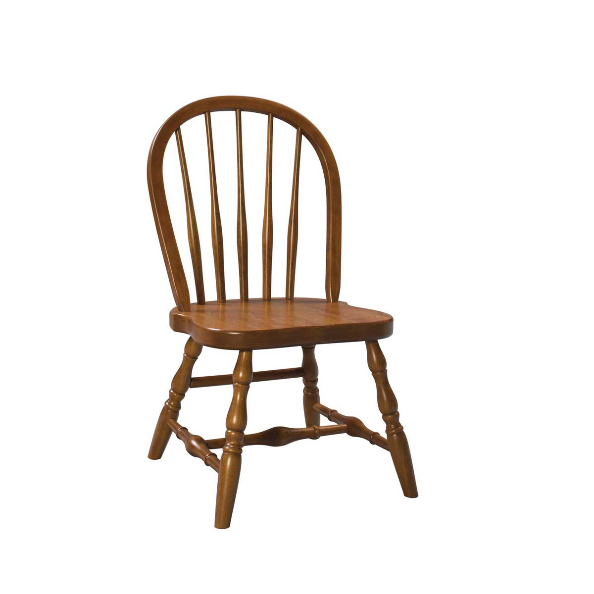 Child sized bow back Windsor chair in oak with arrow spindles, shaped seat and turned legs, white background