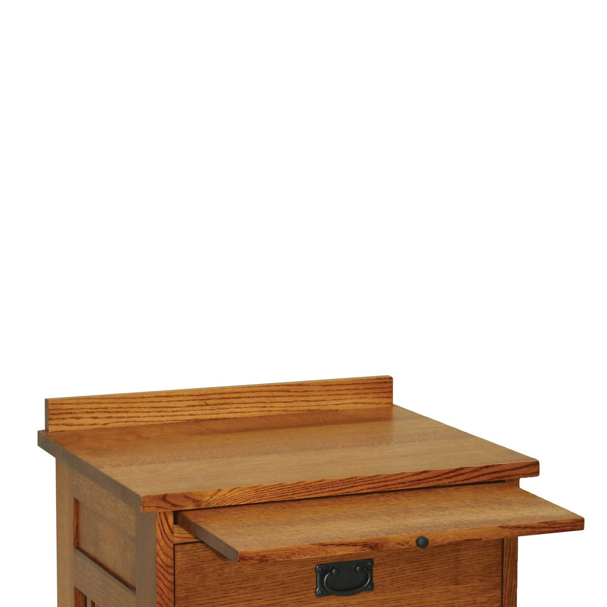 Close-up of the oak nightstand top showing the back gallery rail and the pullout tray shelf partially extended