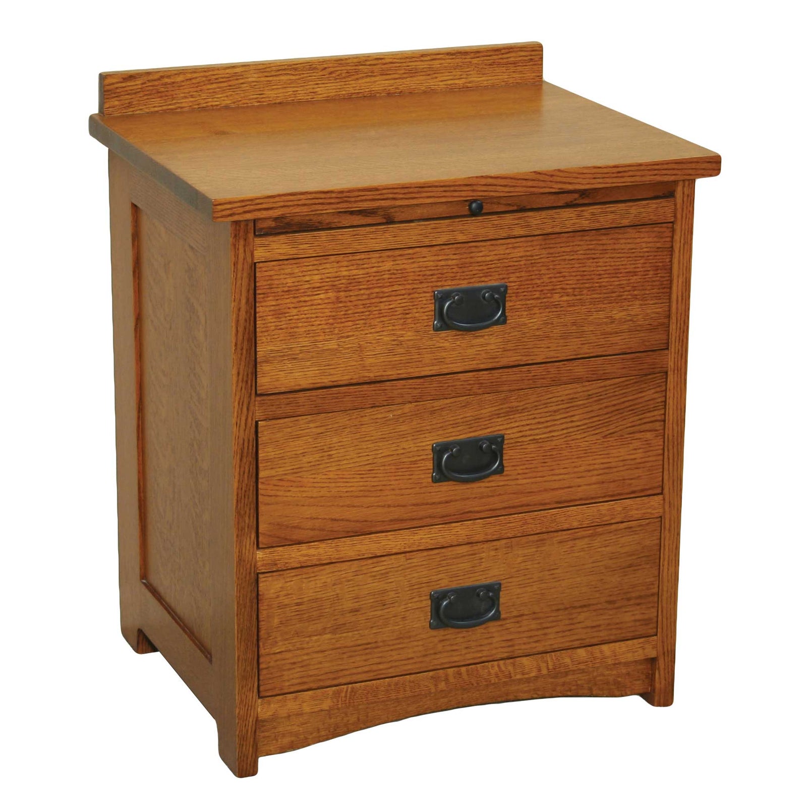 Amish Solid Wood Spanish Mission 3-Drawer Nightstand with Pullout shown in the bedroom of a traditional colonial home