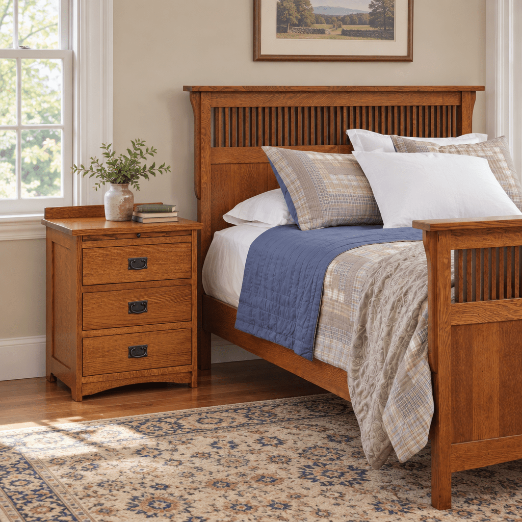 Amish Solid Wood Spanish Mission 3-Drawer Nightstand with Pullout shown in the bedroom of a traditional colonial home