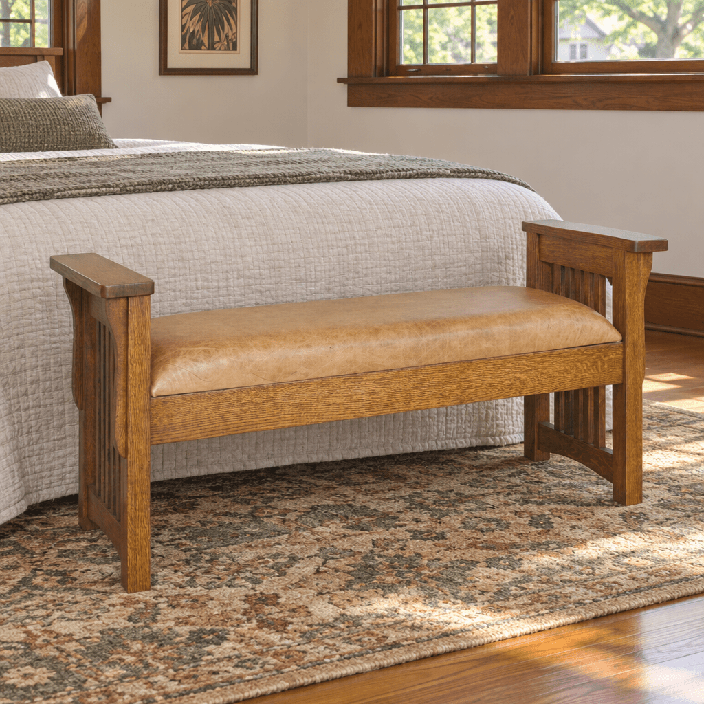 Amish Solid Wood Spanish Mission Dressing Bench shown in the bedroom of a craftsman bungalow home