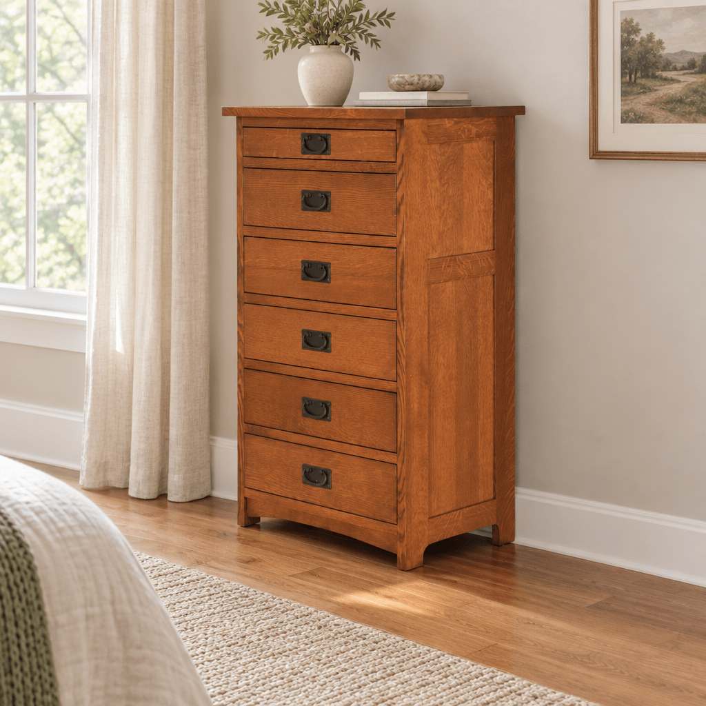 Amish Solid Wood Spanish Mission Lingerie Chest shown in the bedroom of a transitional home