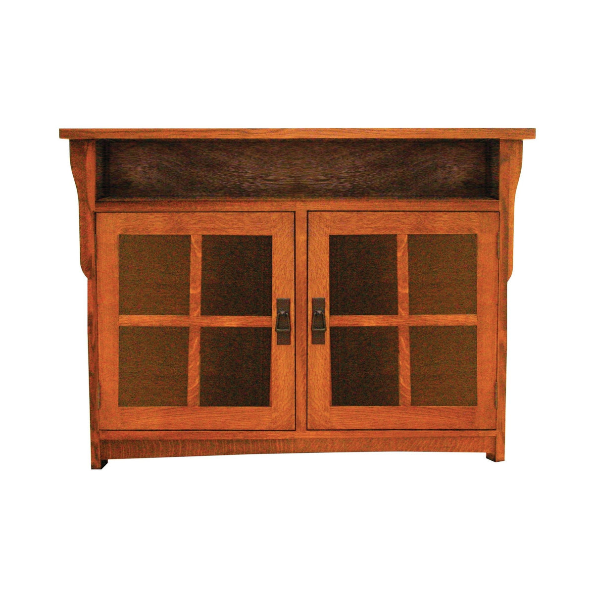 Two-door Mission TV stand in oak with an open shelf above a pair of amber seeded glass doors with hammered iron latches