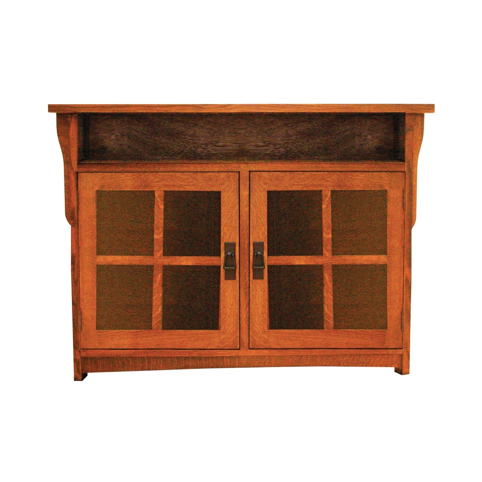 Amish Solid Wood Spanish Mission TV Console 2 Door shown in the living room of a craftsman bungalow home
