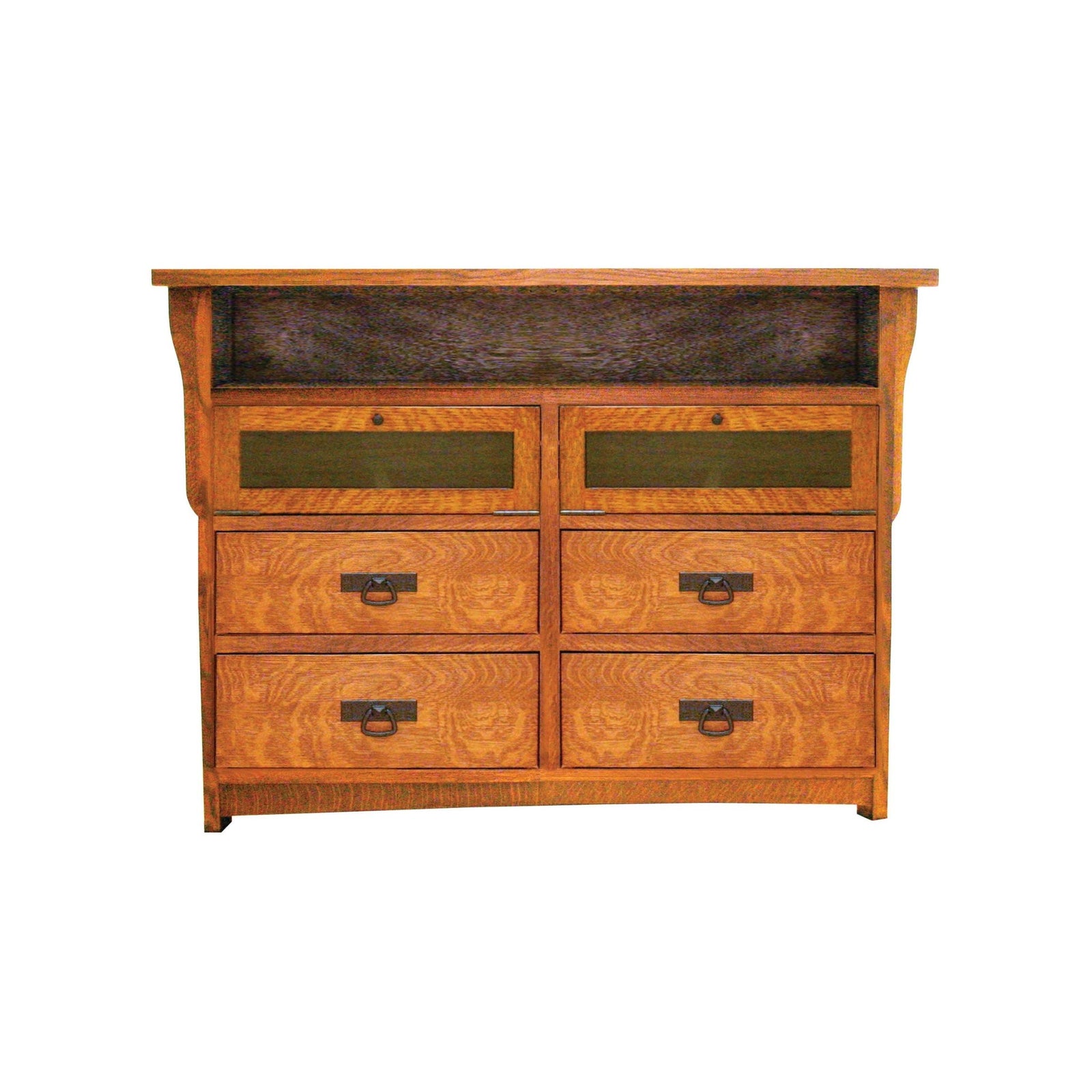 Mission TV console with an open top shelf, two glass flip-down media doors and four drawers with ring pulls in oak