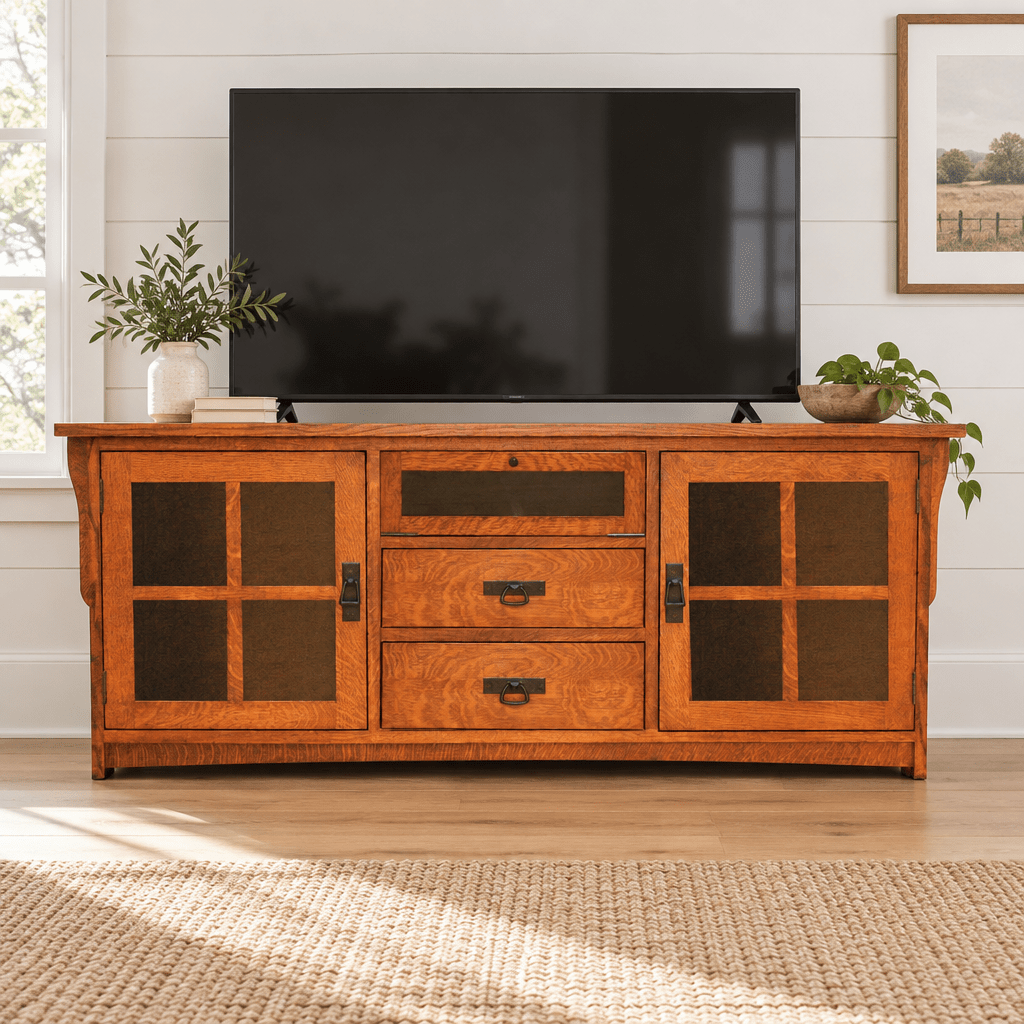 Amish Solid Wood Spanish Mission TV Console shown in the living room of a modern farmhouse home