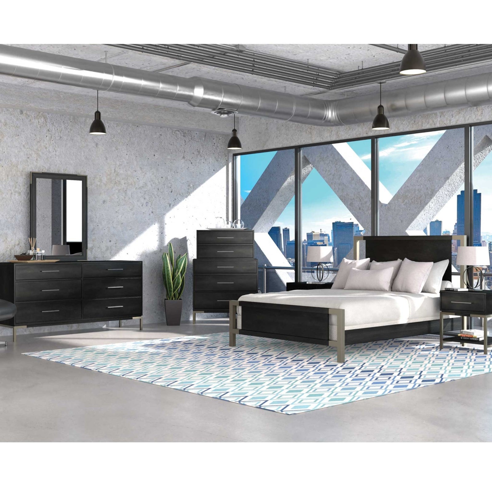 Contemporary bedroom set in black wood with silver metal accents, dresser, mirror, chest and nightstands