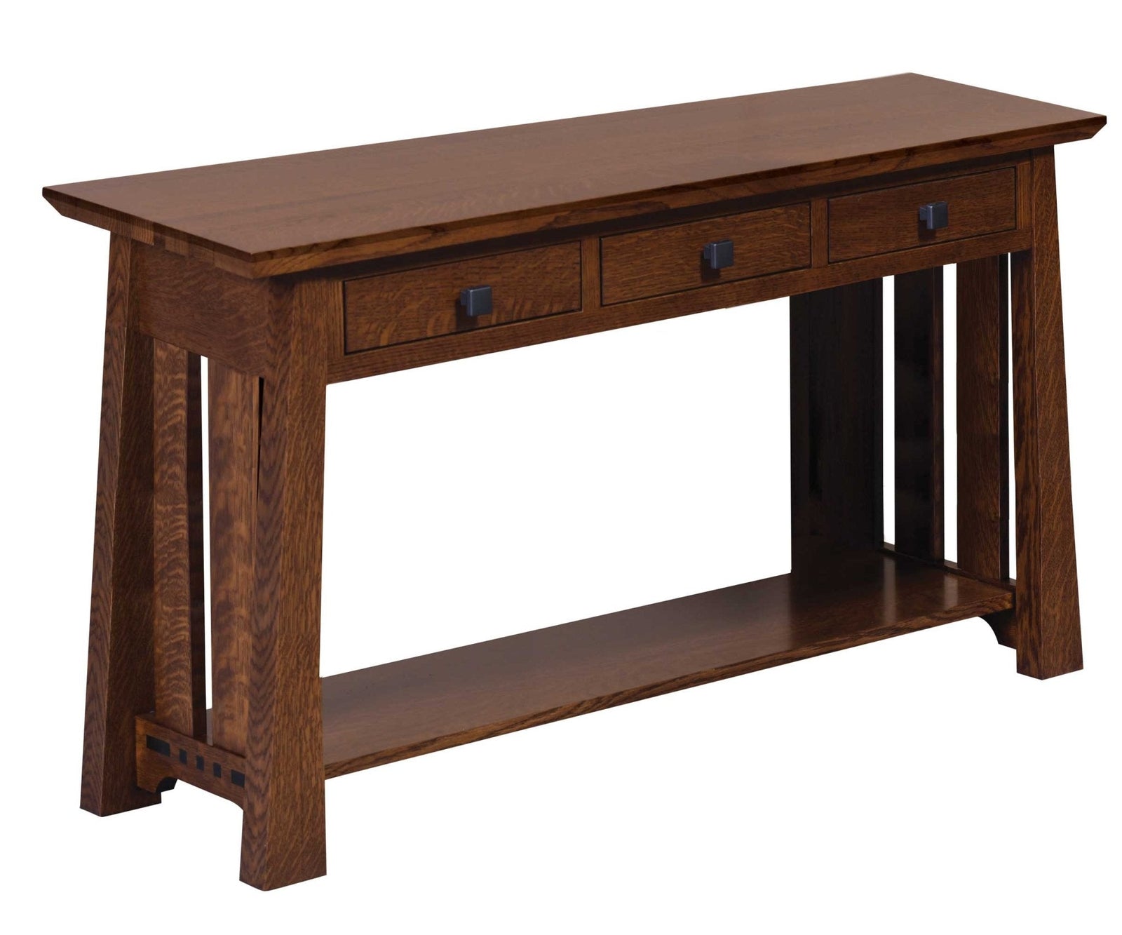 Quartersawn oak console table with three drawers, black square knobs, angled slat legs and a lower display shelf on white